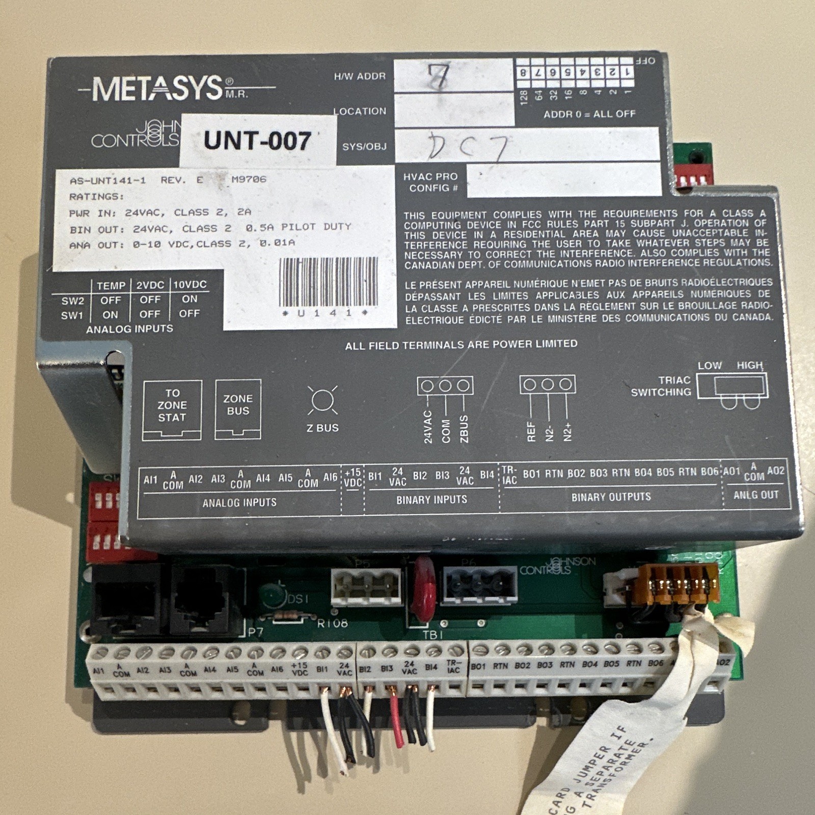 Johnson Controls Metasys UNT-007 Unit Controller AS-UNT141-1 Rev E 24VAC 2A