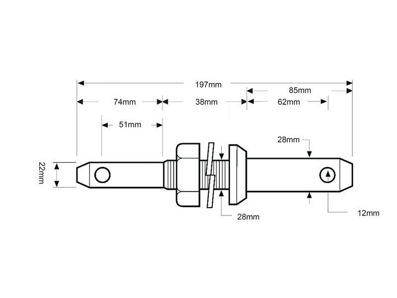 Lower Link Implement Pin 22-28mm, 197mm Length, 7/8″ UNF Thread, Cat 1/2