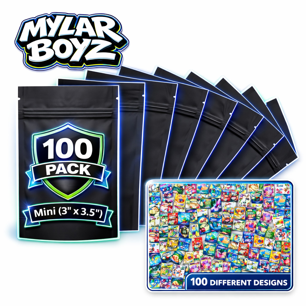 100 Pack 1g Mylar Bags (3” x 3.5”) Assorted Random Designs Packaging Pouches
