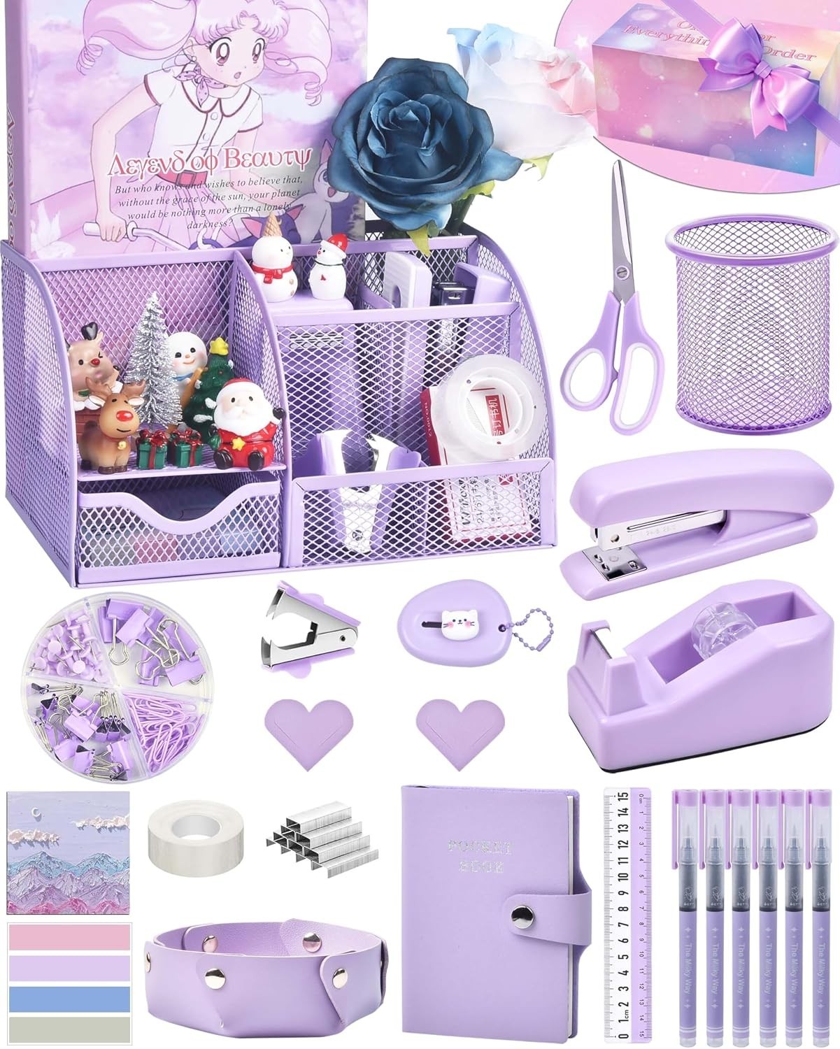 Stylish Purple Desk Organizers with 26 Essential Office Supplies – Gift Ready
