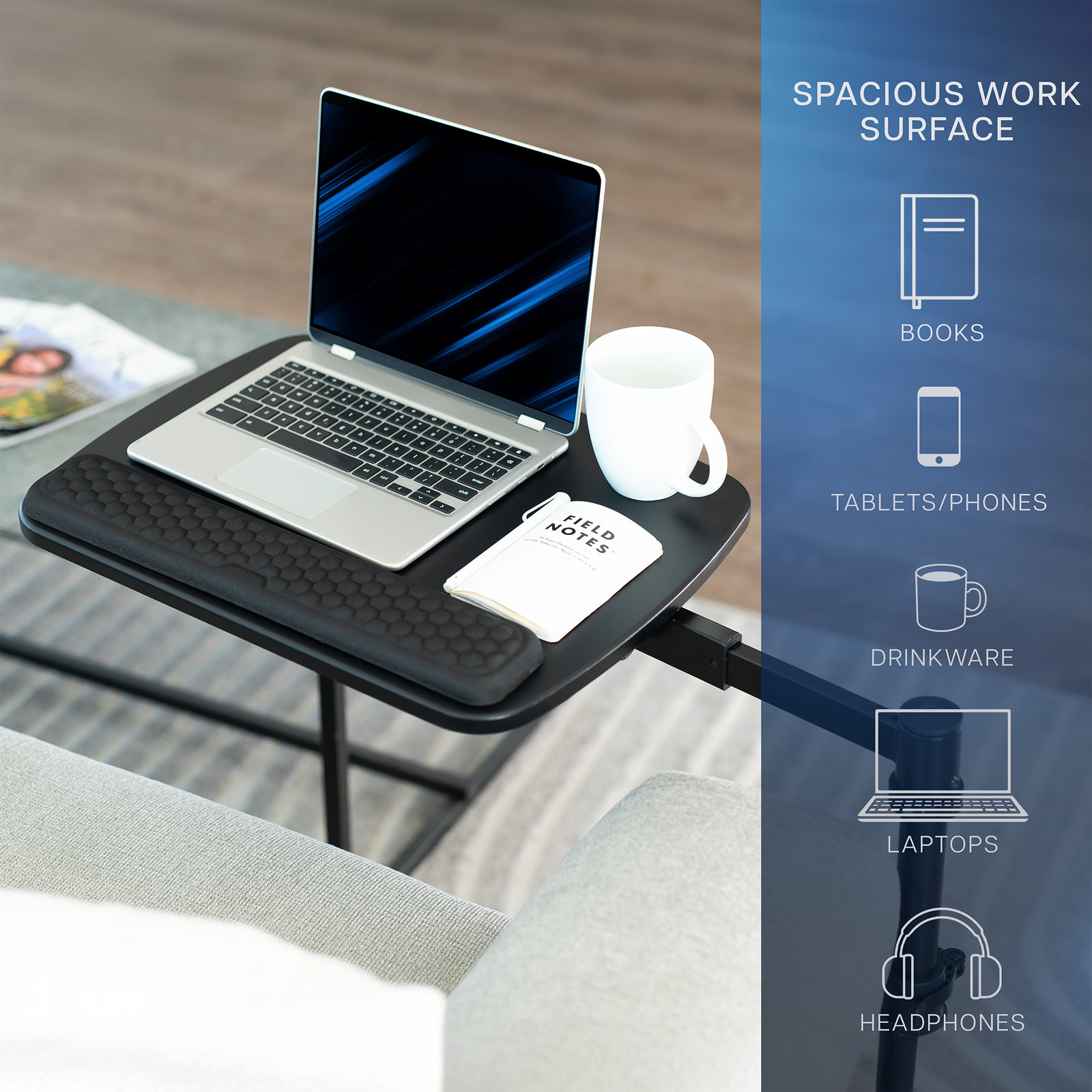 VIVO Black 20 inch Over Couch Swivel Table, Laptop Desk for Remote Work
