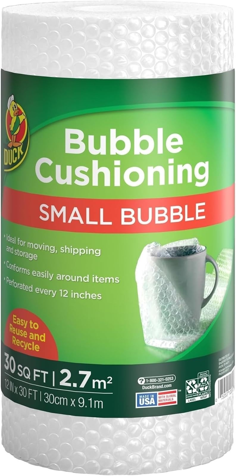 Duck Brand Small Bubble Cushioning Wrap 30 FT for Moving & Shipping