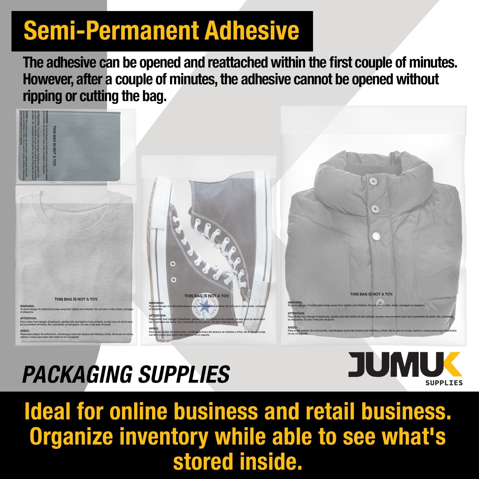 500PC – 6×9, 8×10, 10×13, 14.5×19, 19×24 Clear Poly bags – 1.5Mil, 100/ea size