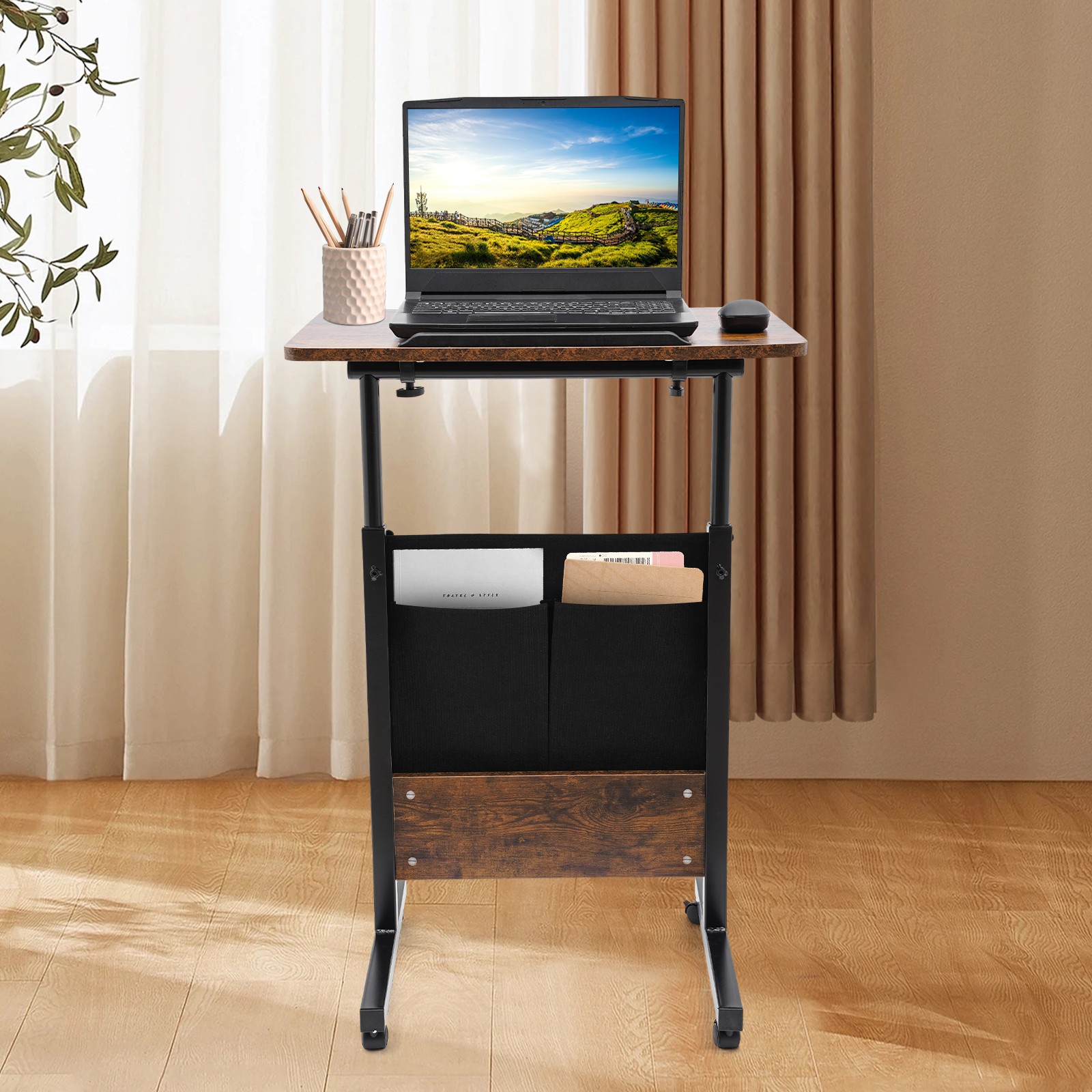 Rolling Laptop Desk Adjustable Height Computer Table Stand up Office w/ Storage