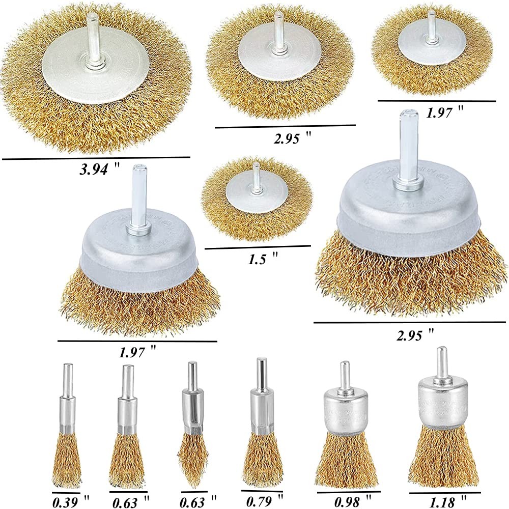 12 Pack 1/4 Inch Hex Shank Brass Wire Wheel Cup Brush Drill Bit Set Attachment