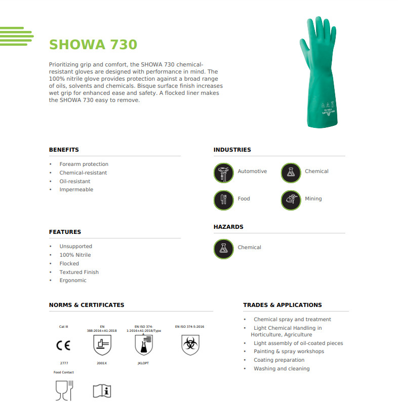 Showa 730 Green Flock Lined Chemical Resistant Cleaning Nitrile Gloves 15 mil