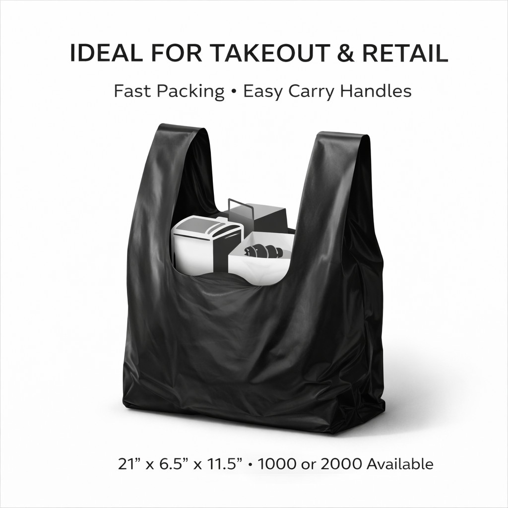 Bags 1/6 Large 21 x 6.5 x 11.5 BLACK T-Shirt Plastic Grocery Shopping Bags