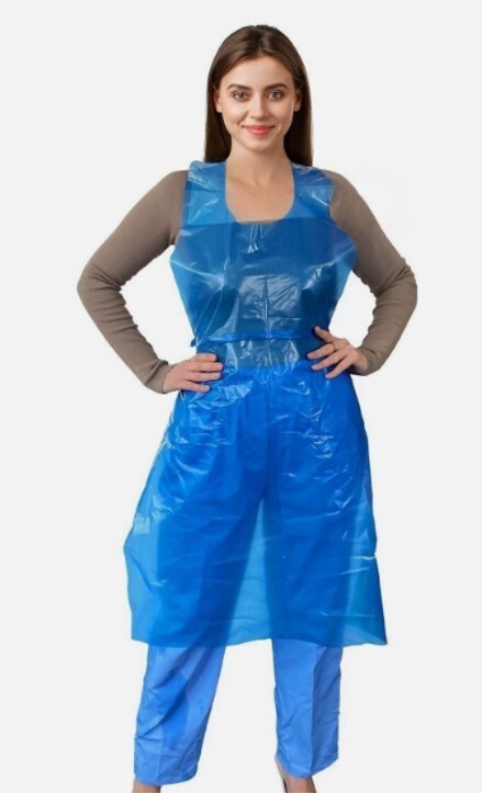 100-1000 Hvy Weight White or Blue Full Bib 46L x 28W Disposable Poly Apron 1mil