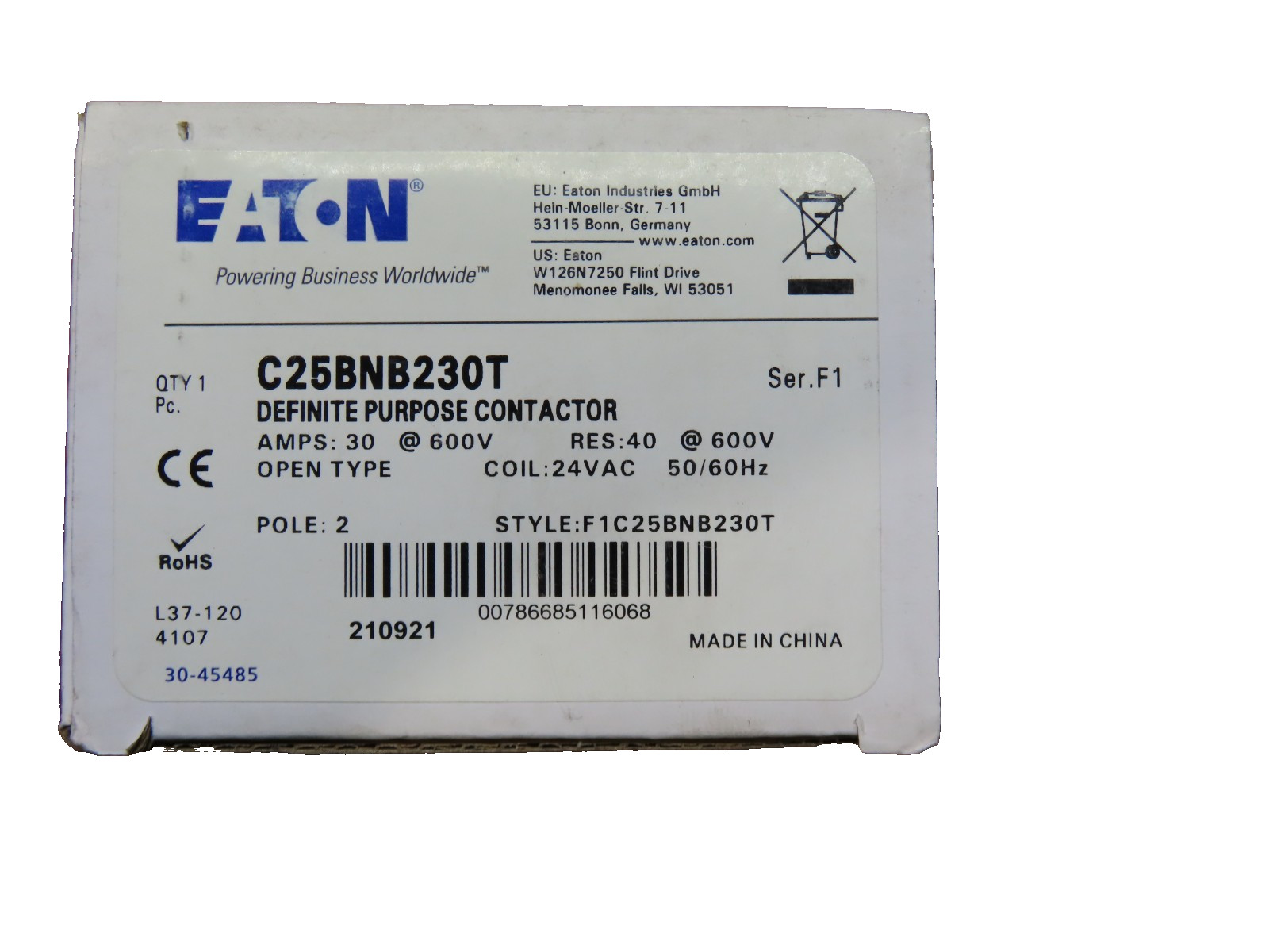 Eaton C25BNB230T Contactor 30A 24V 50/60Hz Coil Series F1