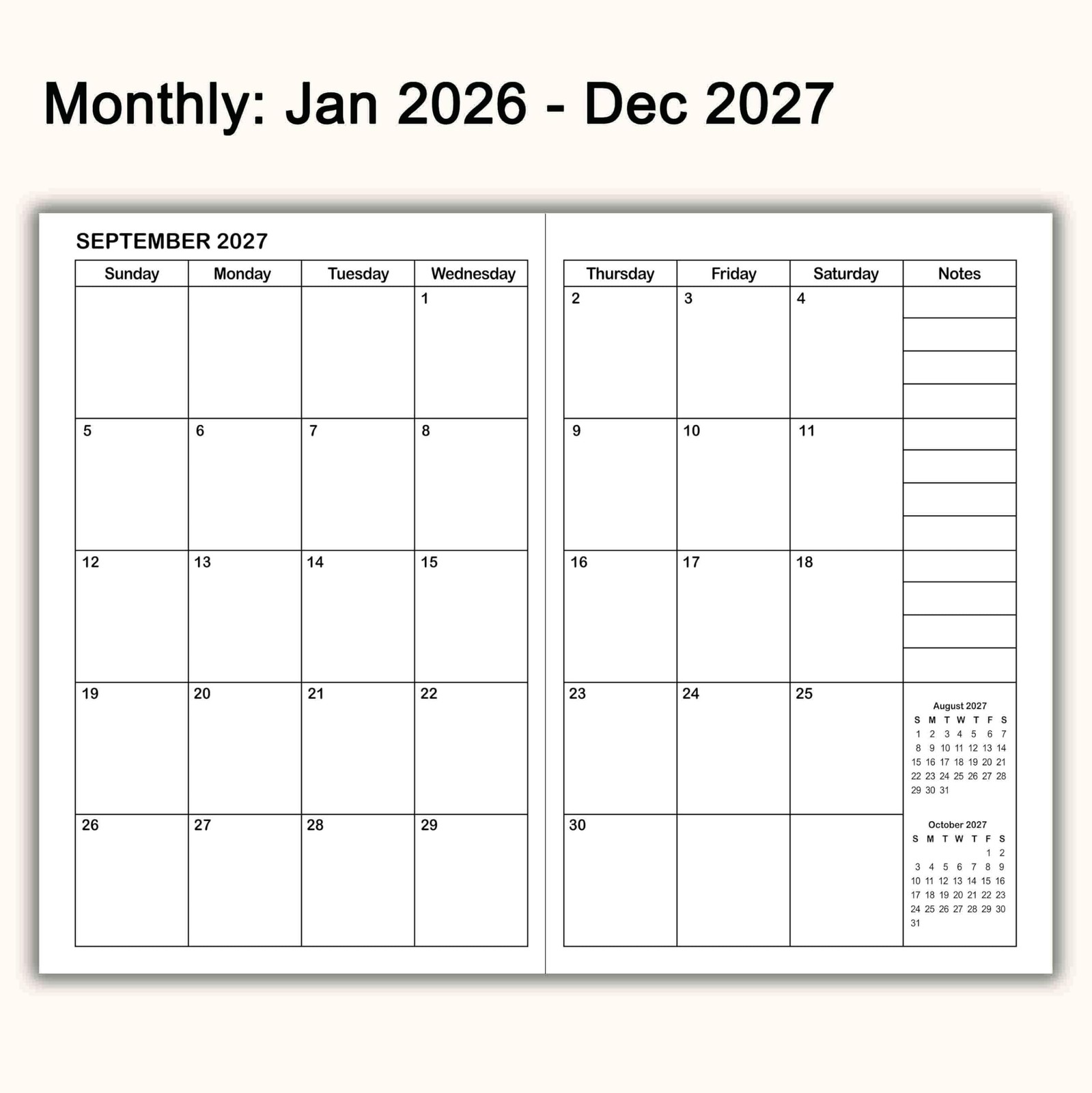 A5 Calendar Planner Jan 2026 – Dec 2027, Travelers Notebook Inserts for 2 Yea