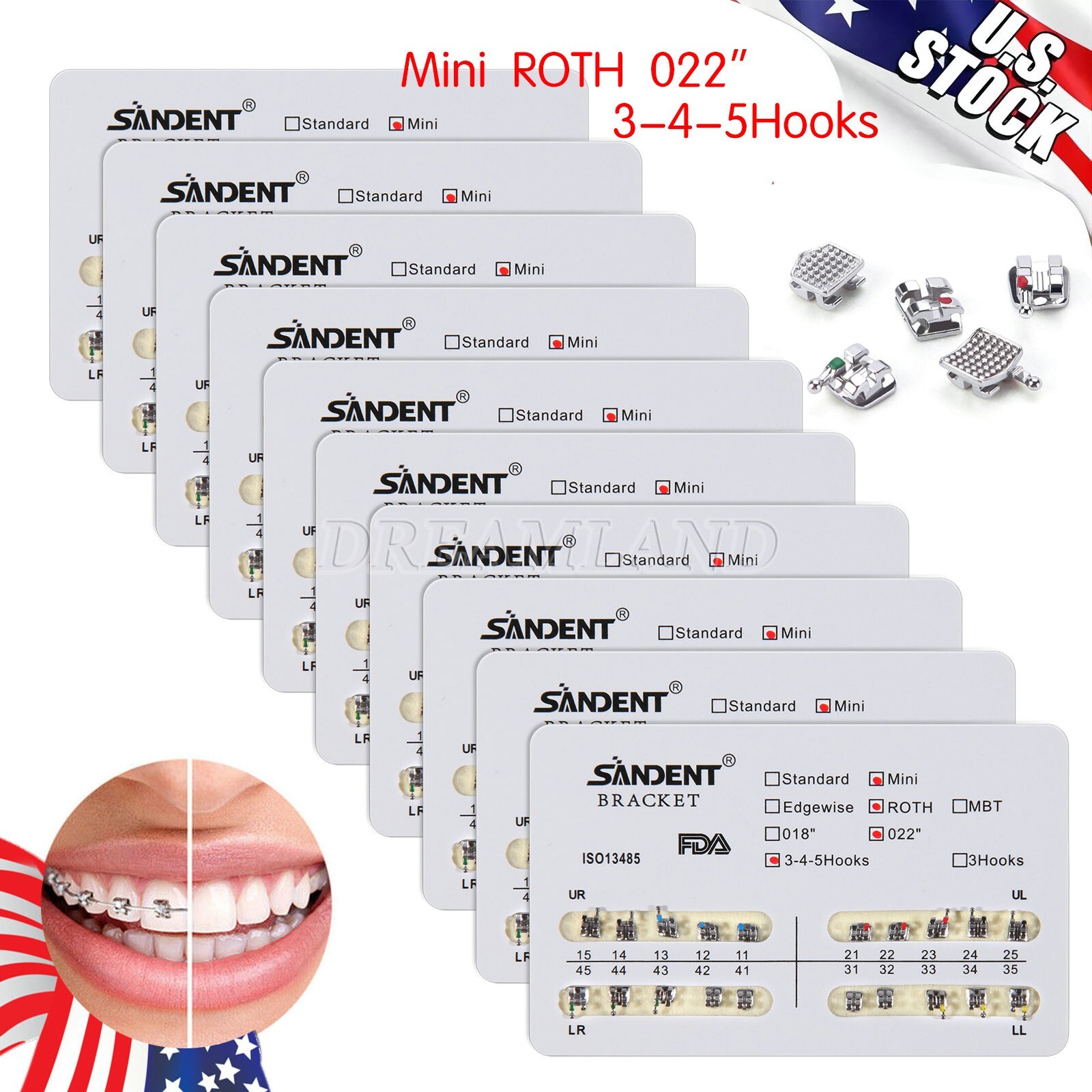 10kits Dental Brackets Braces Orthodontic Mini Roth0.022″ Hooks 3-4-5
