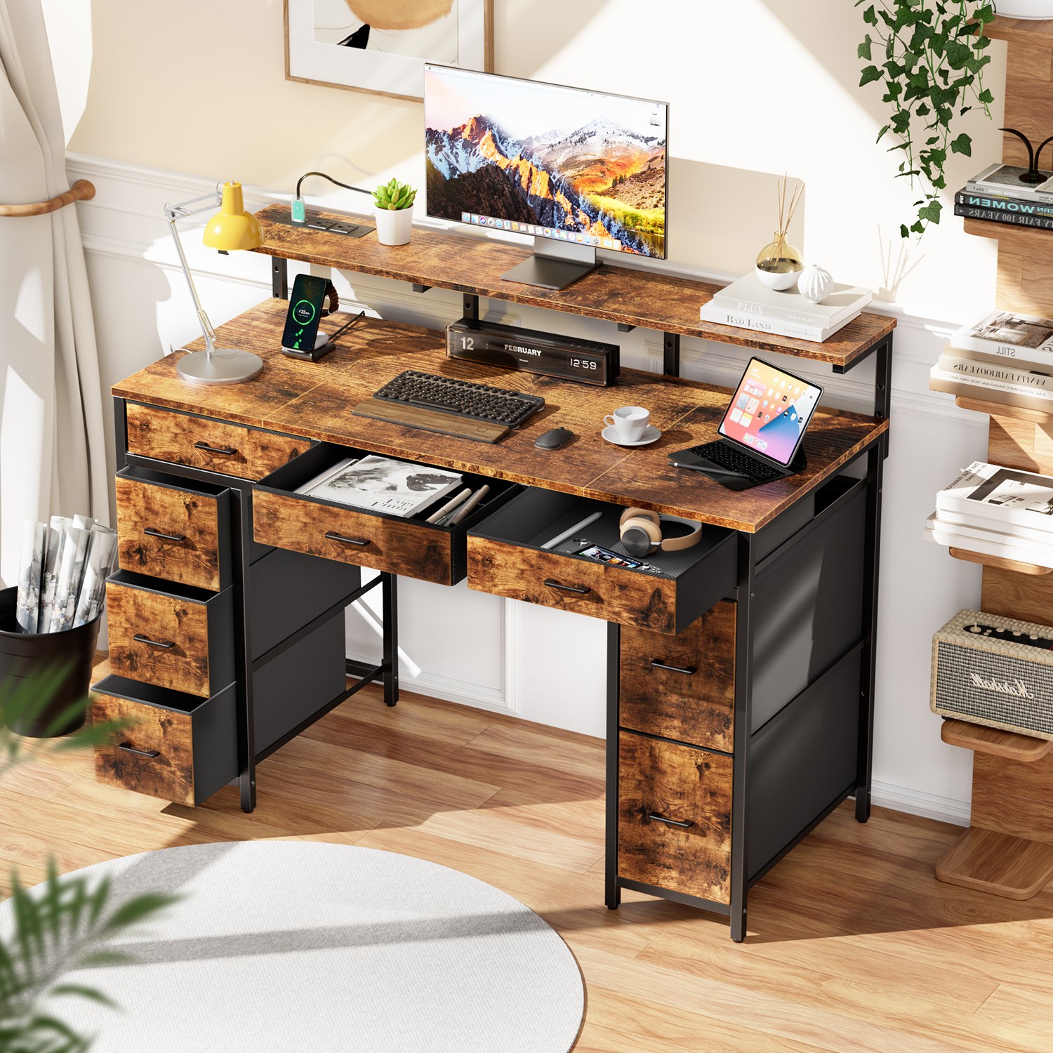 47 Inch Computer Desk with 8 Drawers, Office Desk with Power Outlets & LED Light