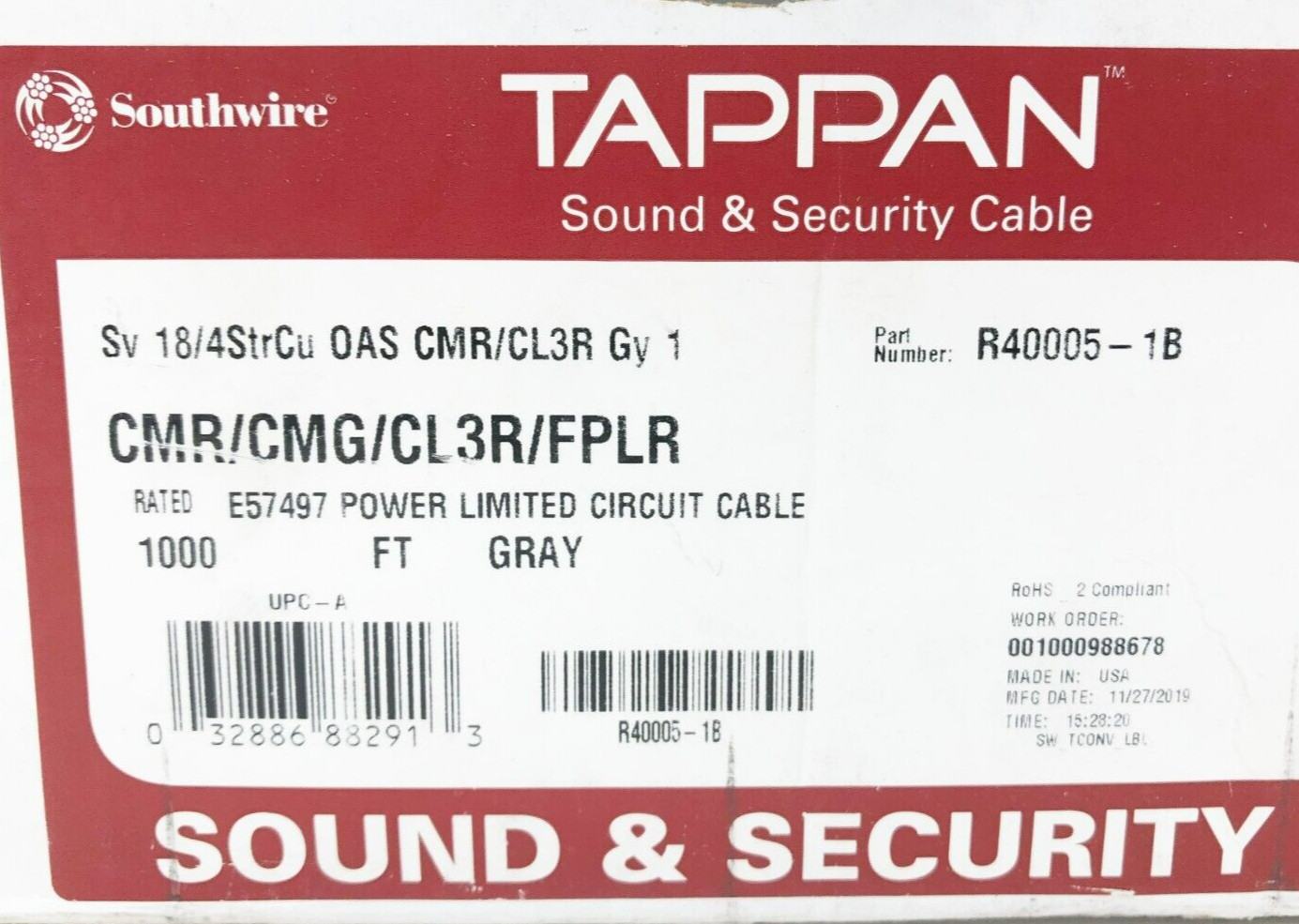 New Southwire R40005-1B Cable CMR/CMG/CL3R/FPLR Approx. 700FT.