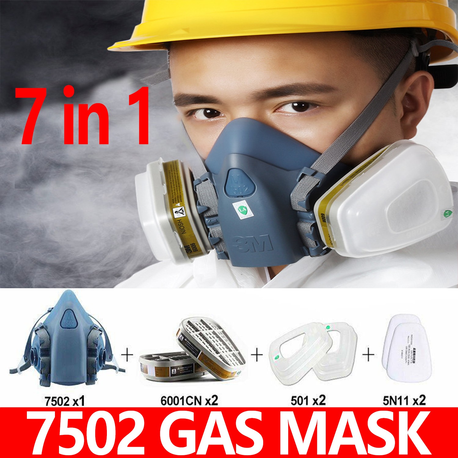 7 in1 7502 Painting Spray Half Face Gas Mask Chemical Epoxy Resin Respirator PPE