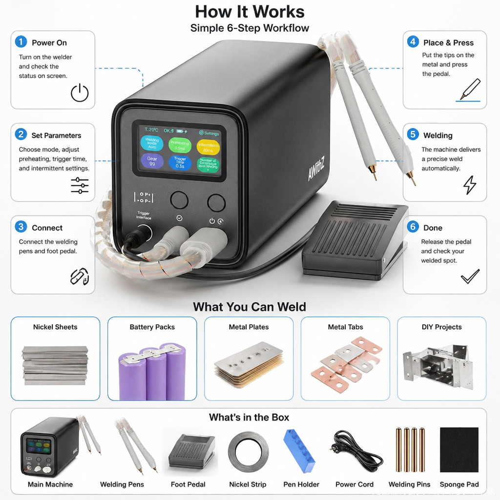 AWithZ UF20B Professional Spot Welder 10.5KW 99 Gears Auto/Manual/Foot for 18650