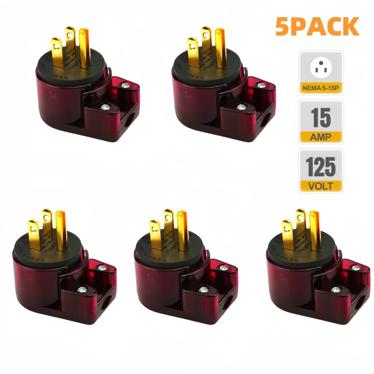 [5PACK]90 Degree USA Canada Male Plug Nema 5-15P 15A 125V 3-Prong Angle DIY Plug