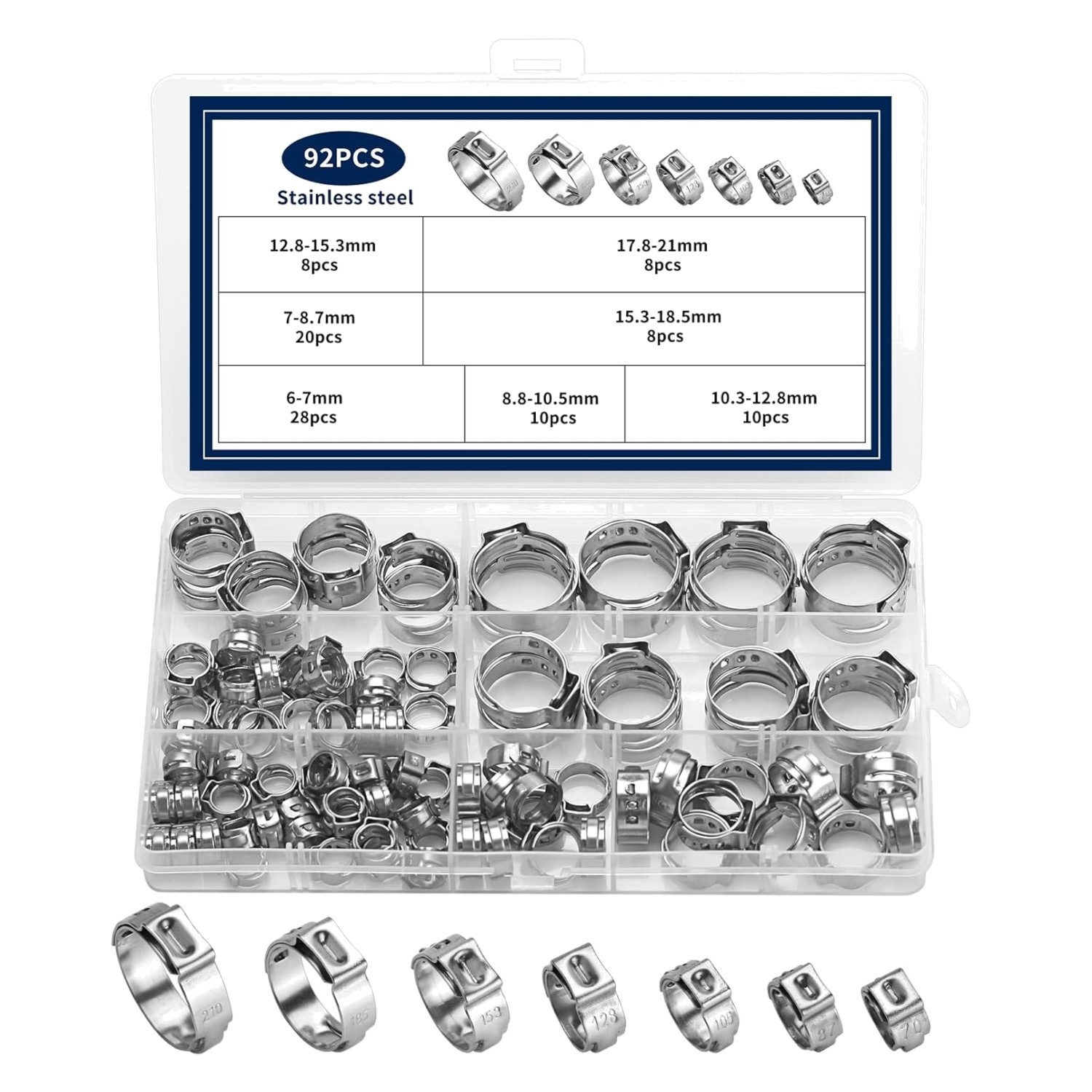 Binifimux Single Ear Hose Clamps, Oetiker Clamps, 92Pcs(6.0Mm-22.6Mm) Crimp Pipe