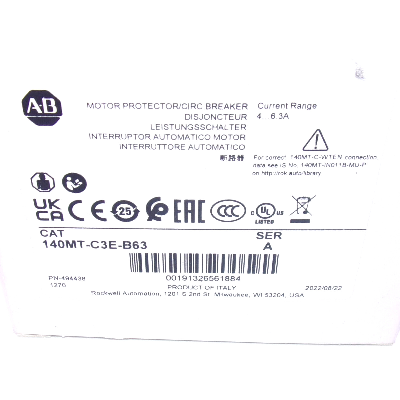 Allen-Bradley 4.0-6.3A 3-Pole Motor Protection Breaker 140MT-C3E-B63 SER. A