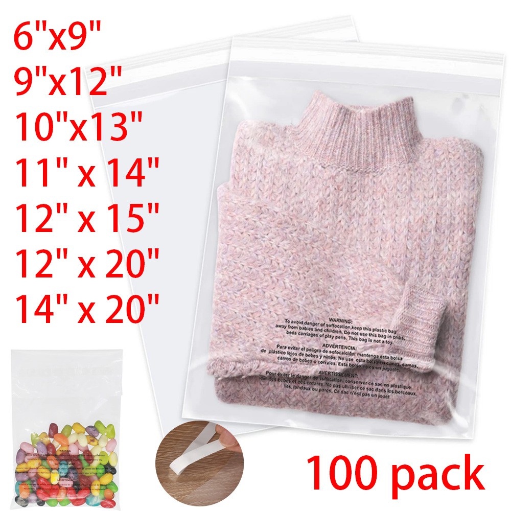 100-1000Pack Suffocation Warning Clear Poly Bags Self Adhesive for Shirt Apparel