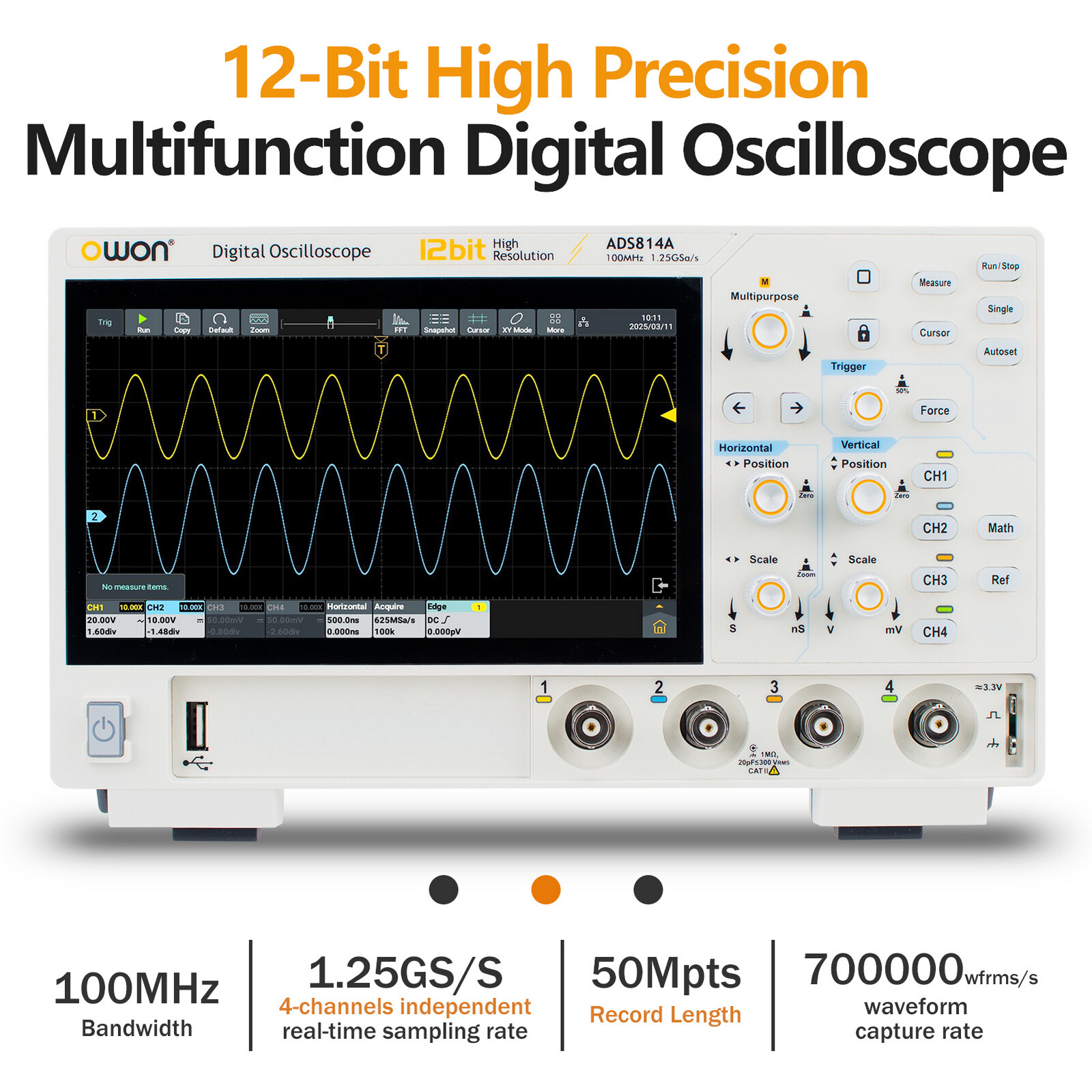 Owon ADS814A 12bits Digital Oscilloscope 100MHz 4CH 1.25GSa/s FFT analysis