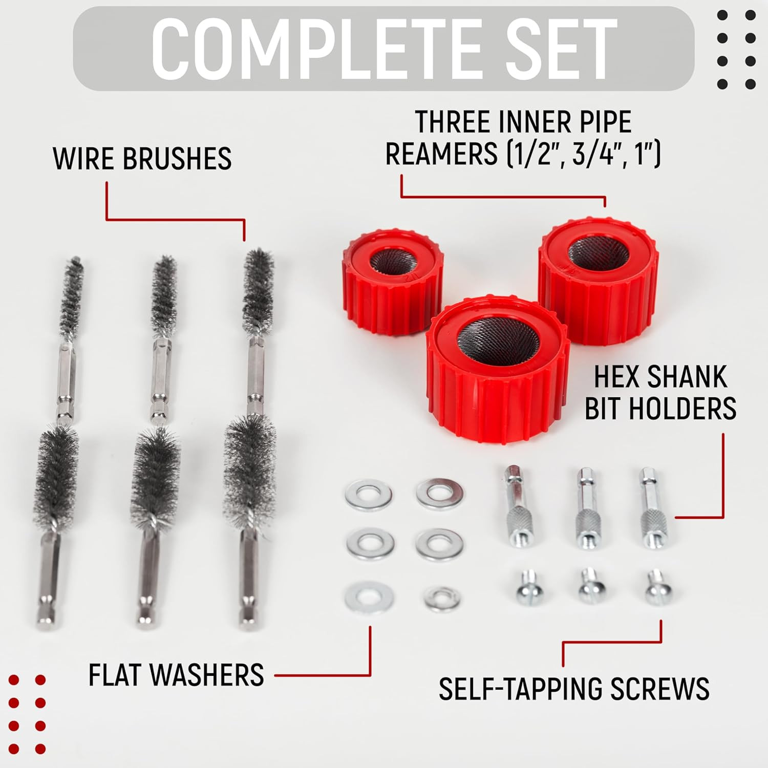 9Pcs Copper Pipe Cleaner Set for Power Drill, 1/2″ 3/4″ 1″ Tube Brush and 6Pcs S