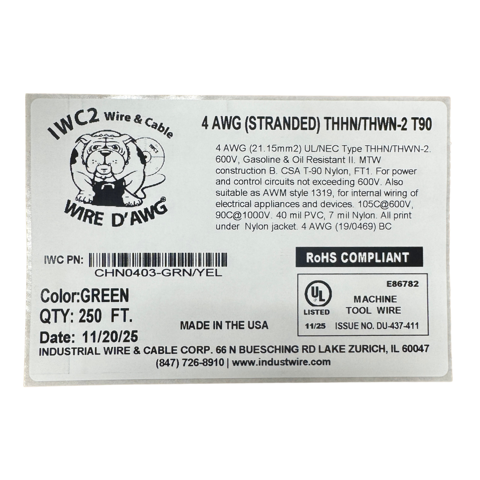 250 FT THHN/THWN-2 T90 WIRE- 4 AWG 19/STR BC GREEN MADE IN USA!