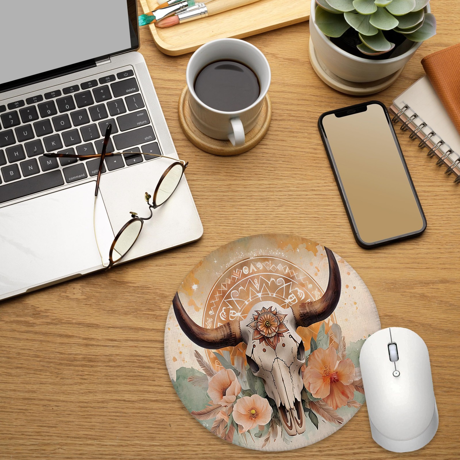 BILLAION Boho Western Bull Skull Floral Mouse Pad for 7.9×7.9 inches, 23-SBD