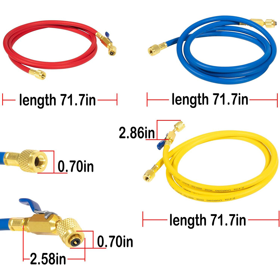 3 Pack 29986 Plus II 1/4″ Red Blue Yellow Charging Hose Compact Ball Valve 72″