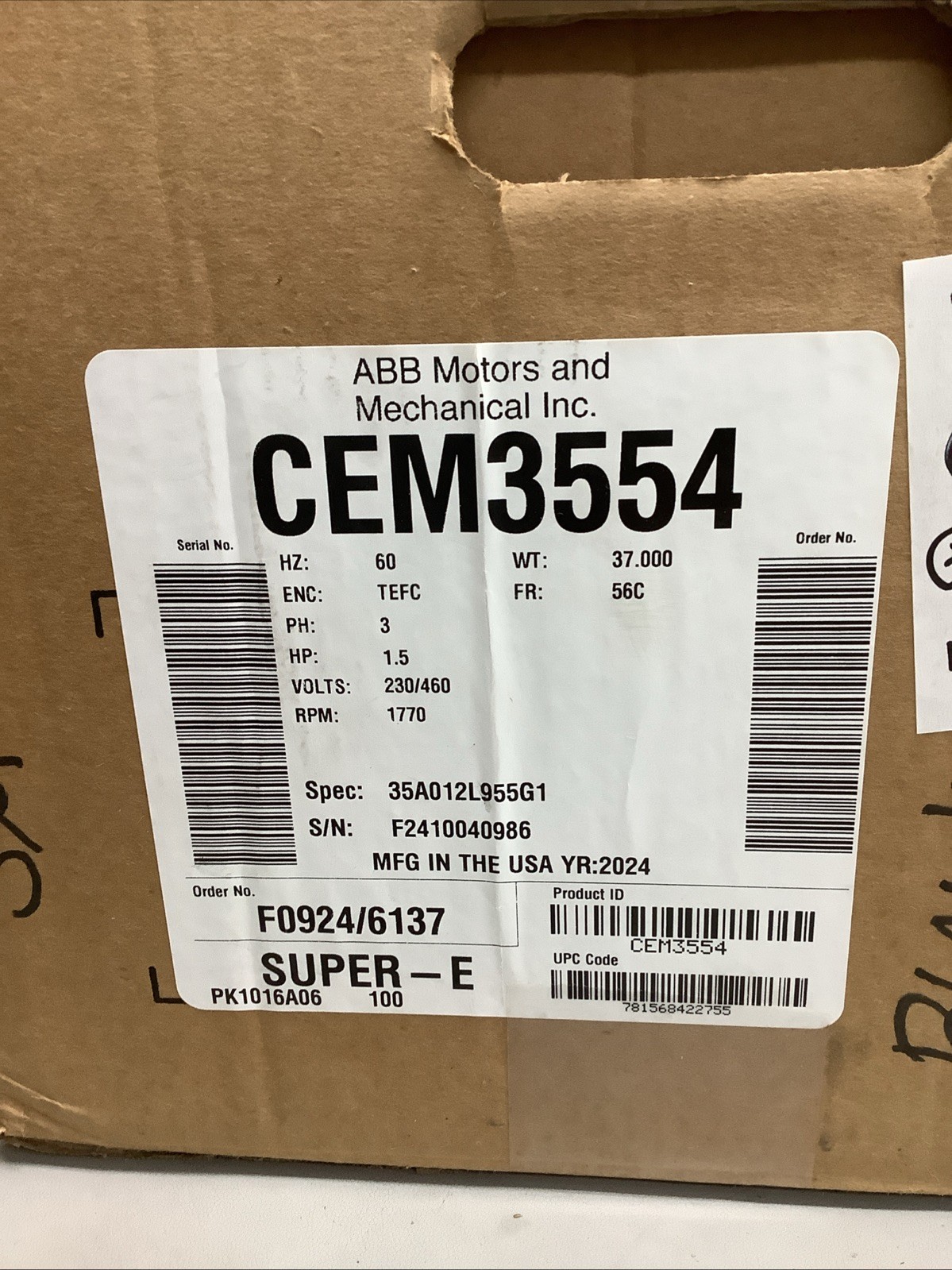 Baldor Reliance CEM3554 General Purpose Motor 1.5HP 230/460V 1770RPM 3-Ph (r105)