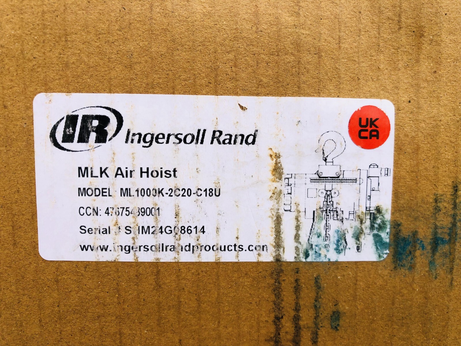 Ingersoll Rand ML1000K-2C20-C18U Pneumatic Air Chain Hoist 1 Ton 20 Ft.