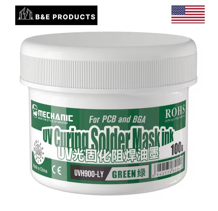 Mechanic, UV Curable Solder Mask Ink, Curing UVH900-LY, Green 100g tub Pcb, Bga