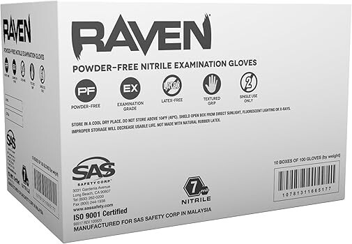 SAS Raven Black Nitrile Gloves Powder Free 7mil (10/Boxes of 100) (Large)