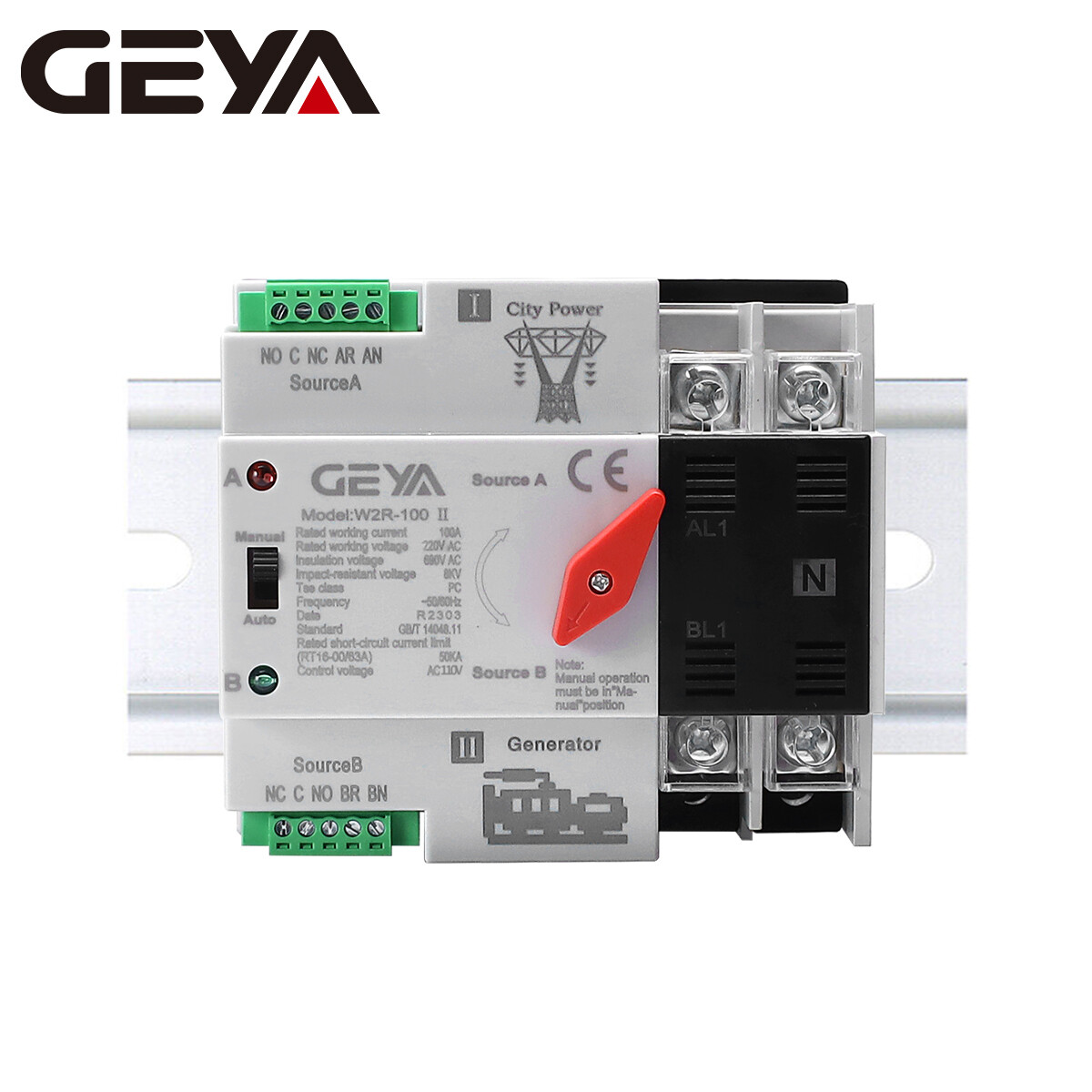 GEYA Automatic Transfer Switch 2P 100A 110V Grid to AC Generator Dual Power RAIL