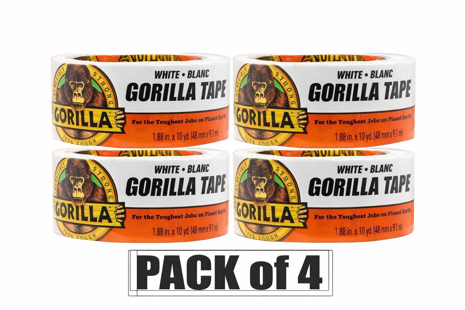 Gorilla Tape, White Duct Tape, 1.88″ x 10 yd, White, (Pack of 4) Extra Strong