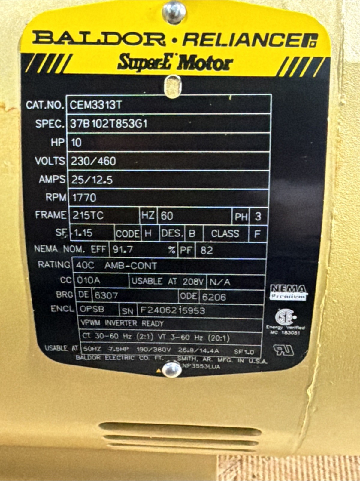 Baldor CEM3313T 10HP 1770RPM Electric Motor , Marathon Bailers & Compactors