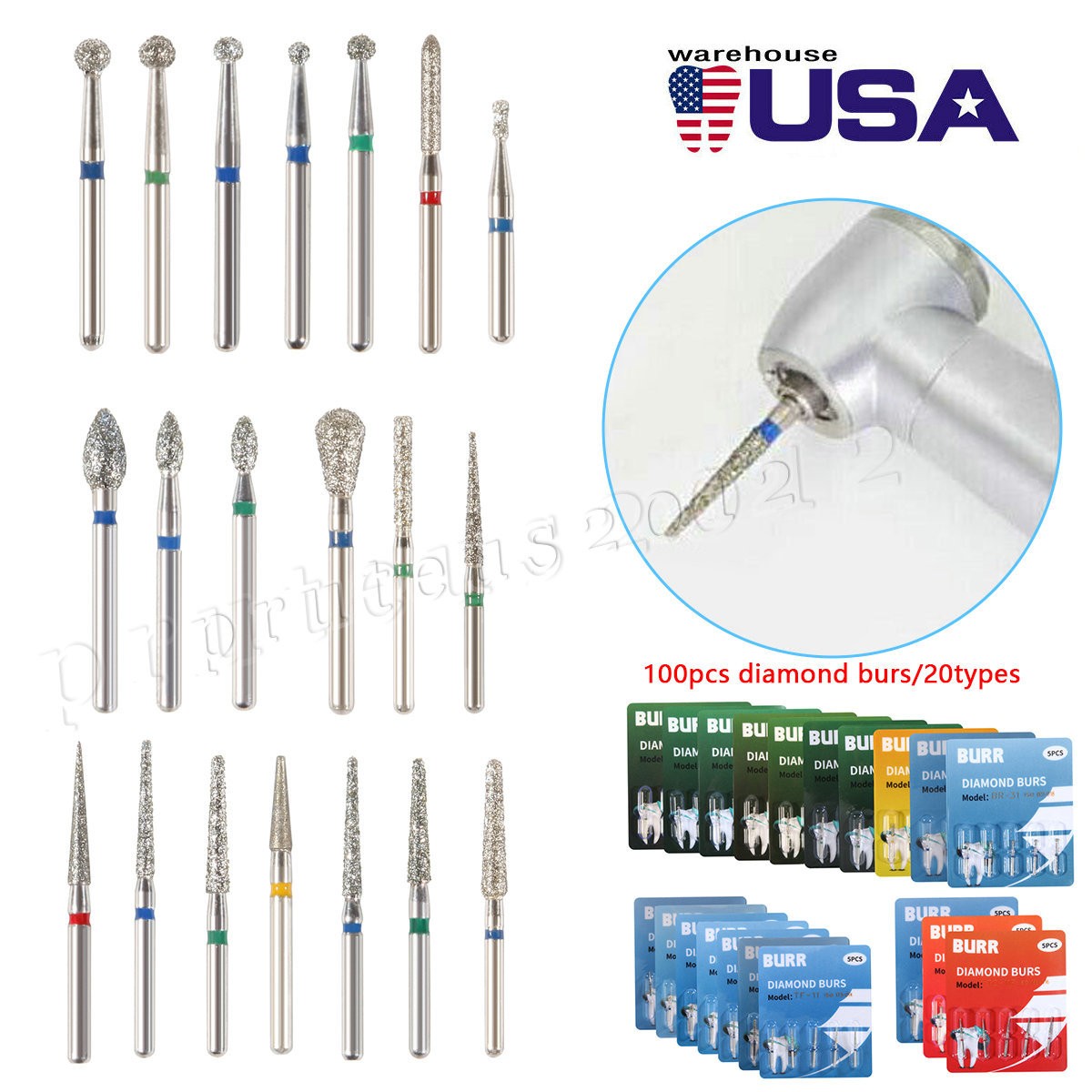 Dental 1:1 Slow Speed Handpiece Contra Angle Push Button/Diamond FG Bur 1.6mm