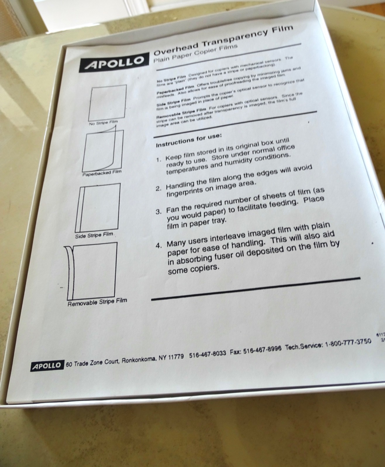 Apollo Transparency Film – Letter 8.50″ X 11″ – 100 / Box – Clear PP201C