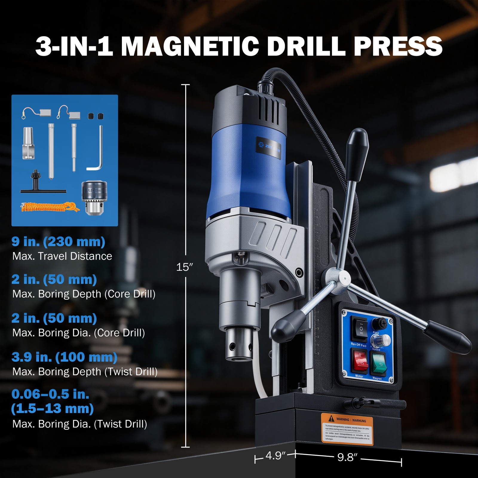 Electric Magnetic Drill Press Forward/Reverse Rotating Base Portable 1550W US
