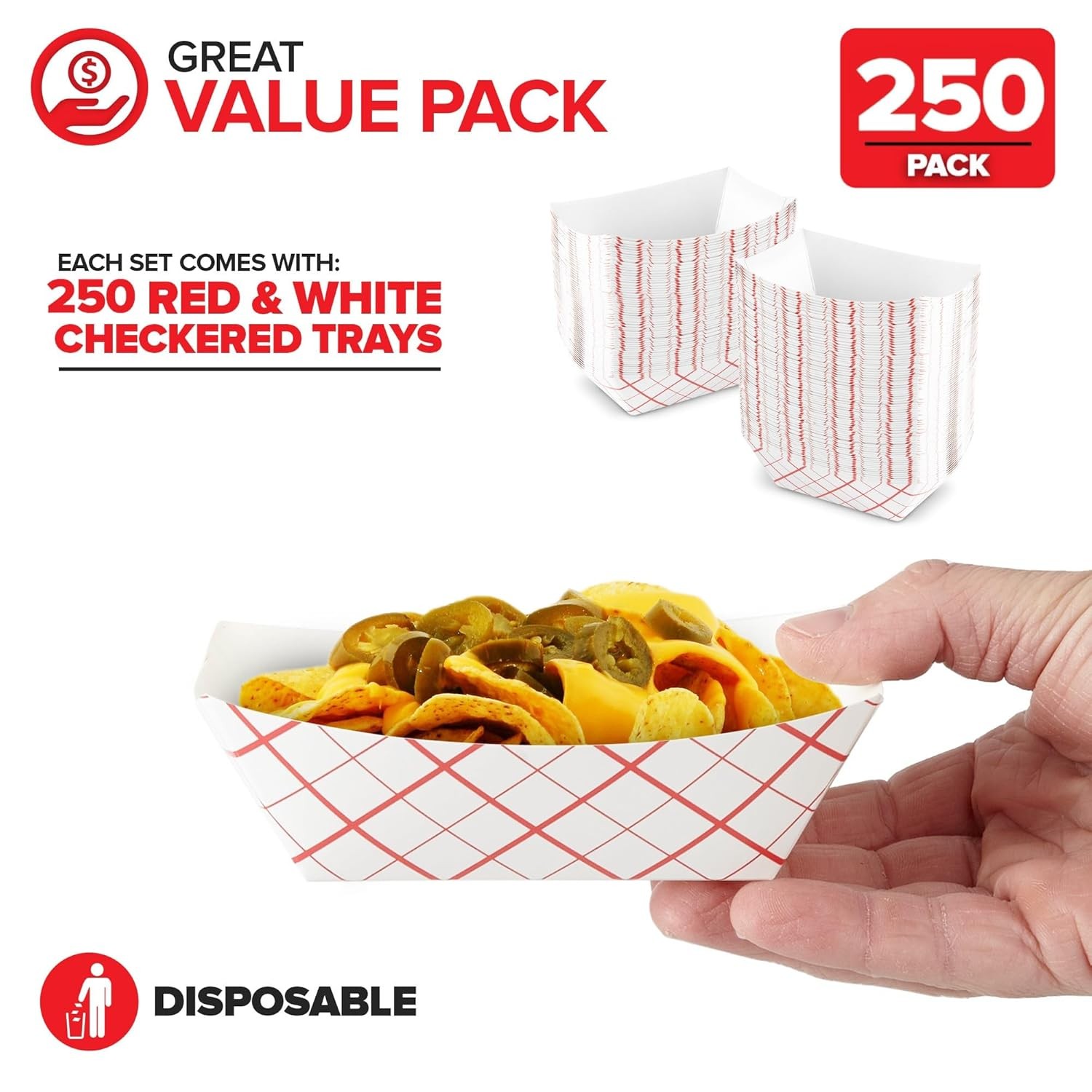 Extra Small Disposable Paper Food Boats Red White Checkered 250 Pack 0.5 Lb