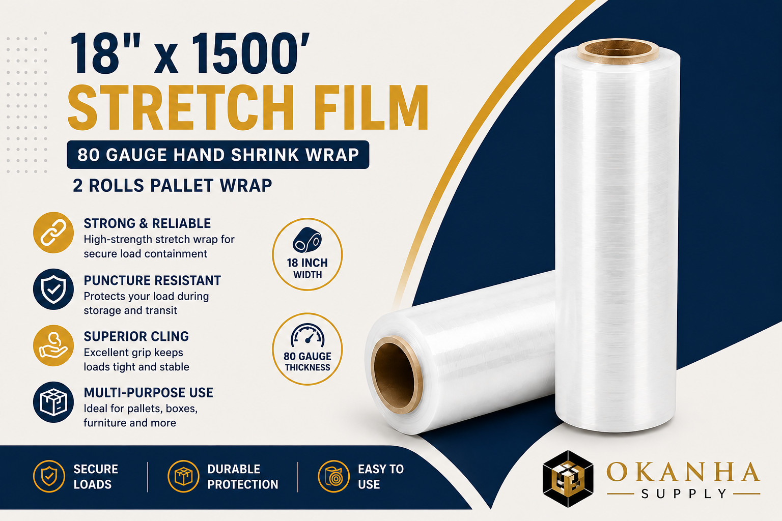 2 Rolls 18″ x 1500′ 80 Gauge Hand Stretch Film Clear Pallet Shrink Wrap 1500FT