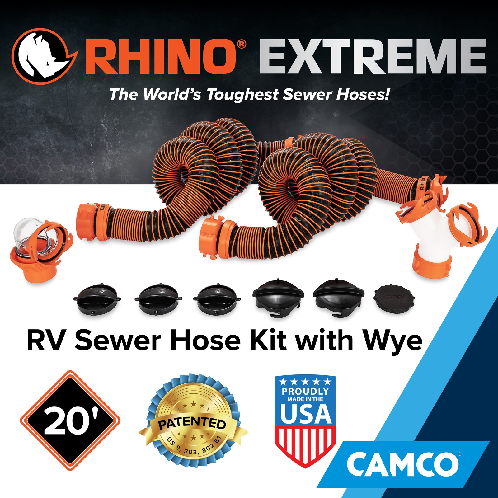 Camco RhinoEXTREME 20 Ft Sewer Hose Kit with 360 Degree Clear Swivel Wye Fitting