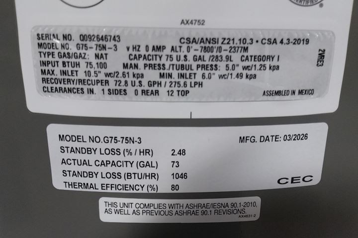 Rheem-Ruud G75-75N-3 73 Gal Tank Capacity Commercial Gas Water Heater (C)