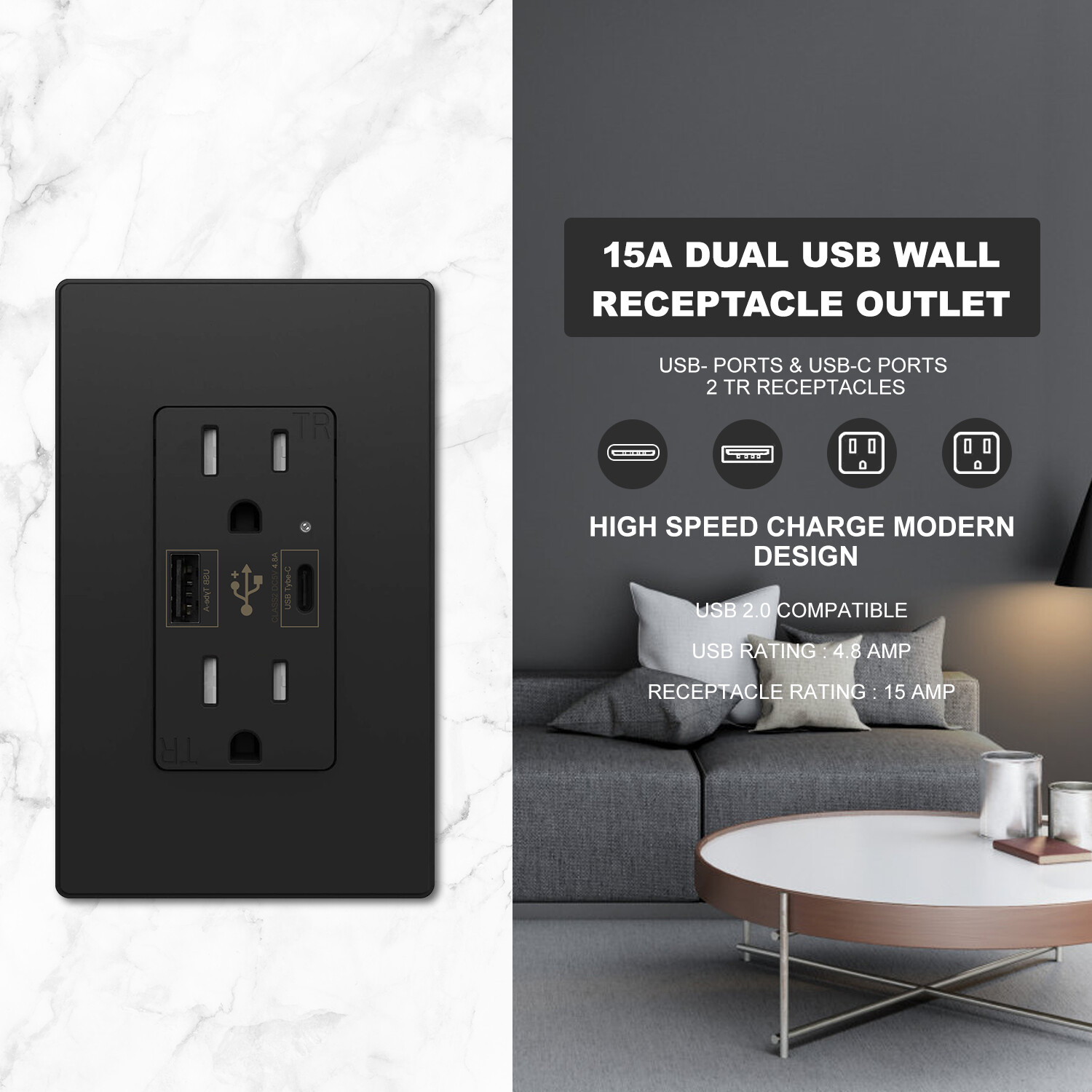 Micmi USB C Outlet , Smart 4.8A ,15 Amp Fast Charging Capability UL Listed,Black