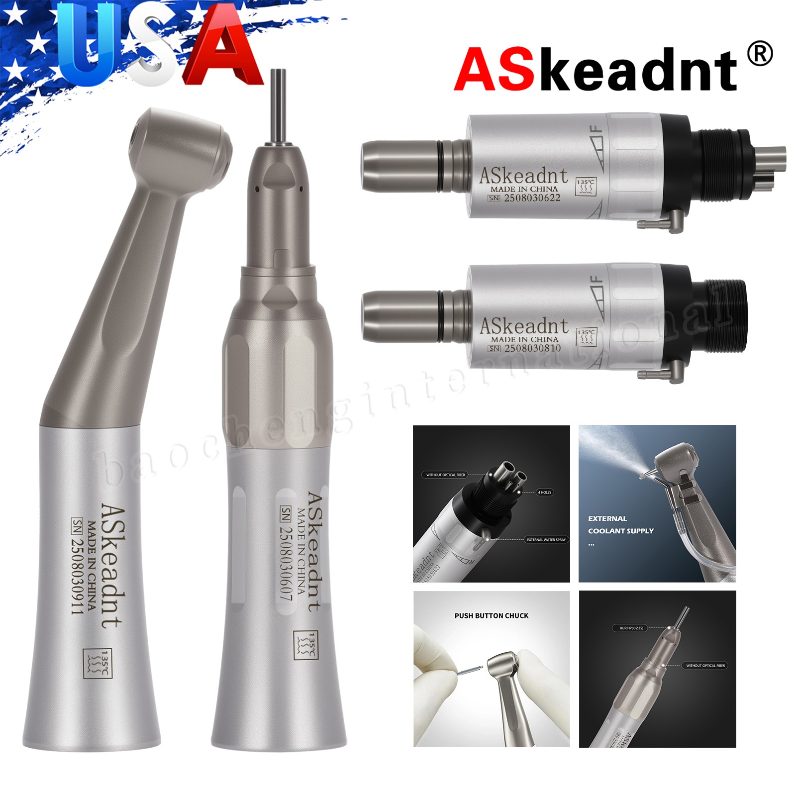 NSK Style Dental Low Speed Handpiece Contra Angle Straight Air Motor 2/4Holes