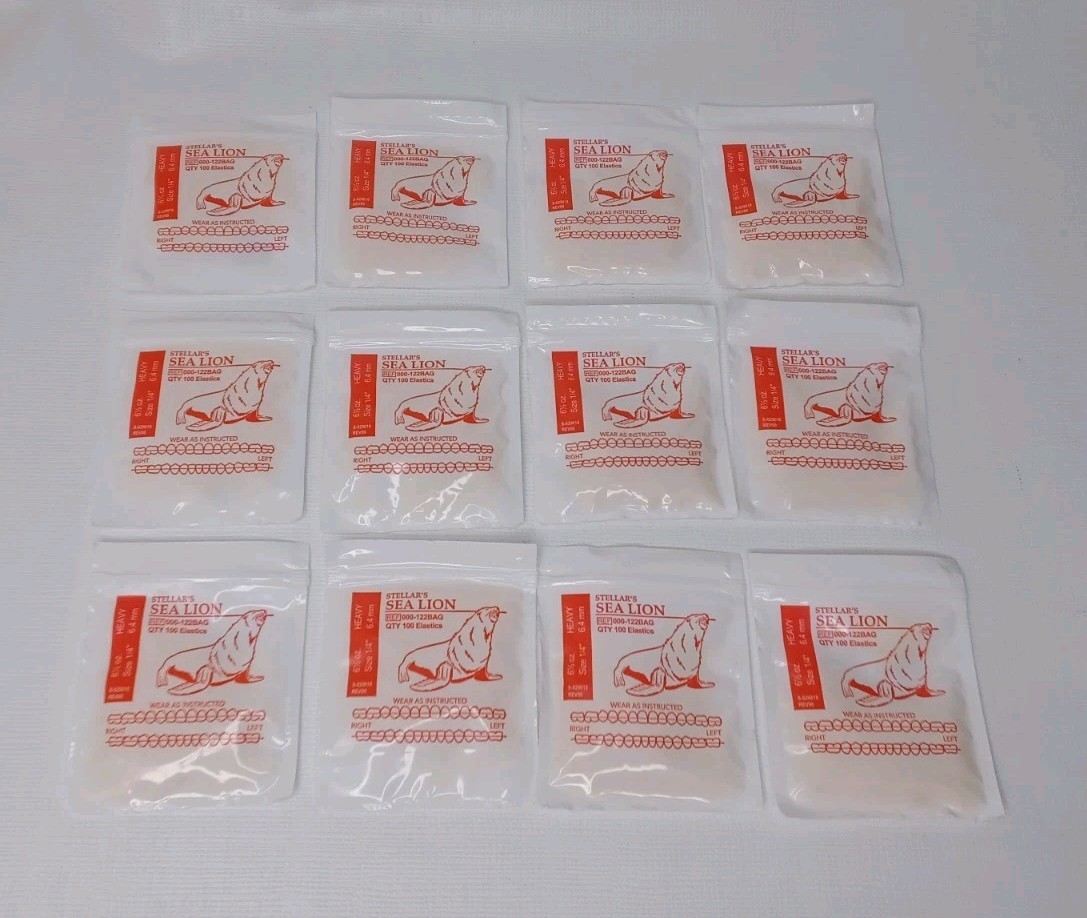 12 Stellar’s Sea Lion 100 Orthodontic Elastics Size 1/4″ Heavy 6.4 mm EXP 2028