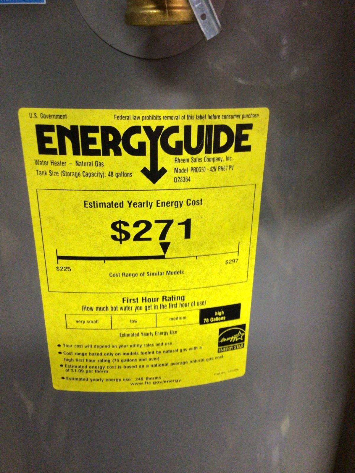 Rheem Powervent Natural Gas Water Heater Model PROG50-42N RH67 PV 50 Gallons NEW