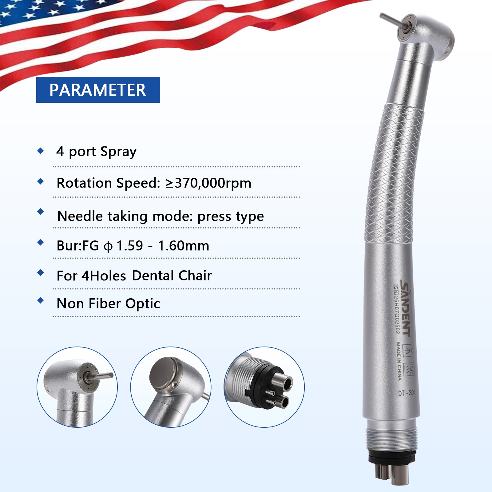 SANDENT Dental High Speed Handpiece Push Button 4 port spray 4 Hole Fit NSK