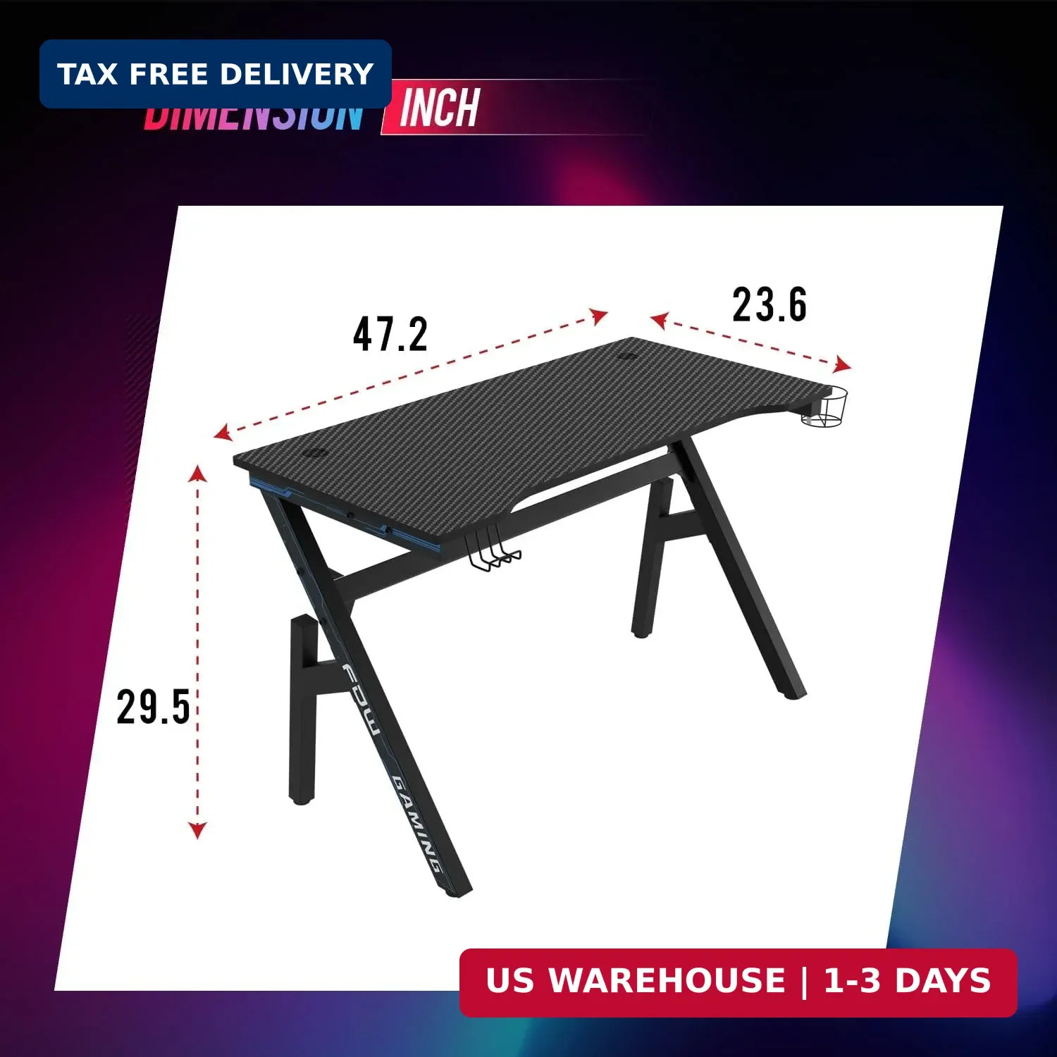 47″ Gaming Table | Blue | R-Shaped Computer Desk | with Steel Frame, Headphone H