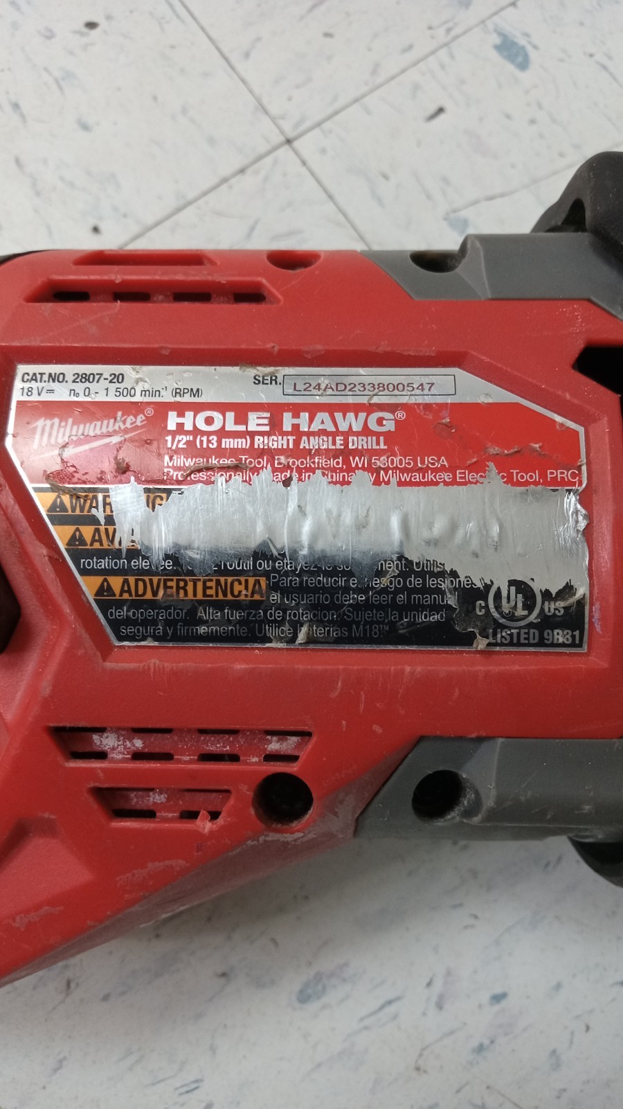 Milwaukee M18 Fuel Hole Hawg 2807-20 Right Angle Drill W/ 1.5Ah Battery Tested