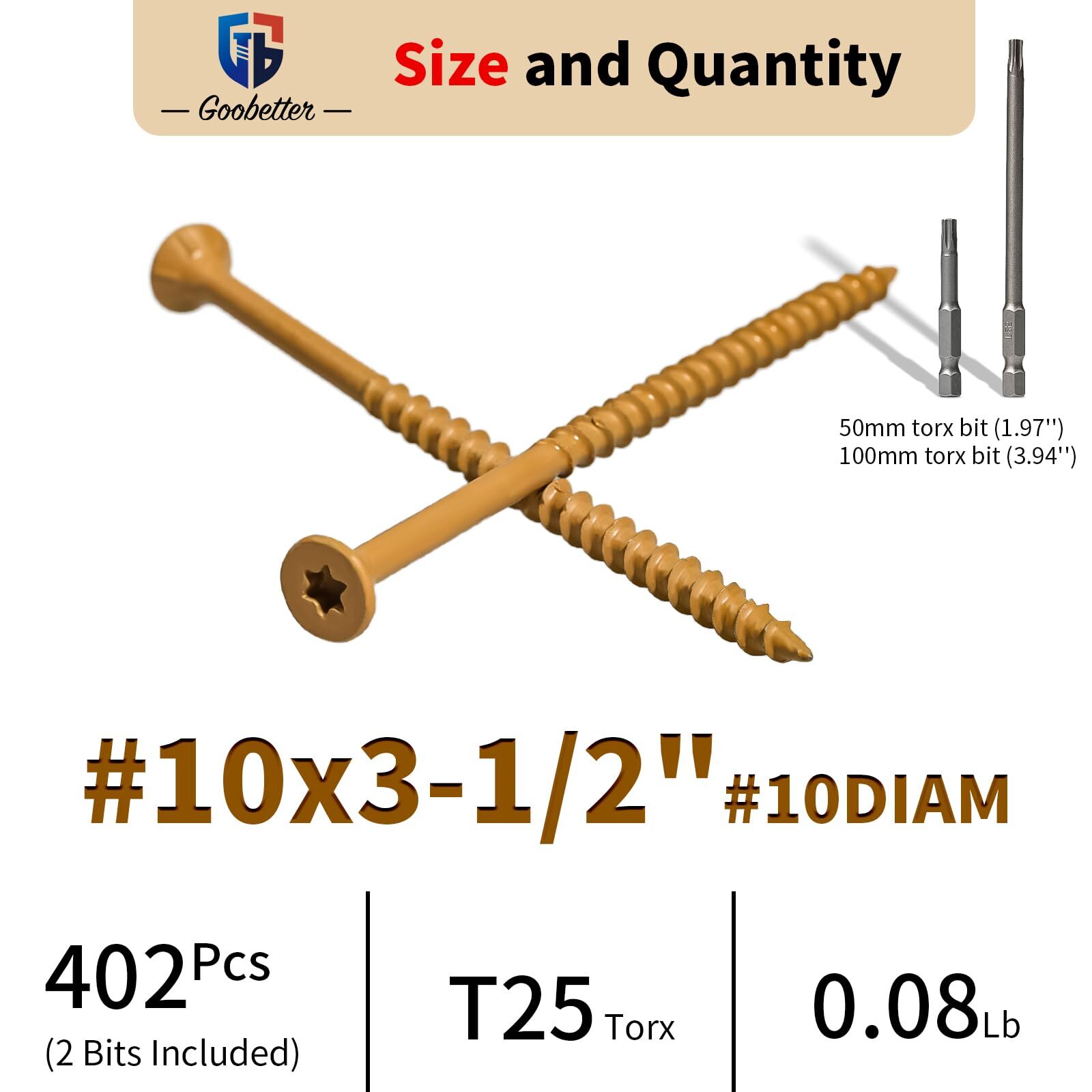 #10×3-1/2″ 400Pcs Wood Screws T25 Torx Drive Self Tapping For Furniture DIY Set